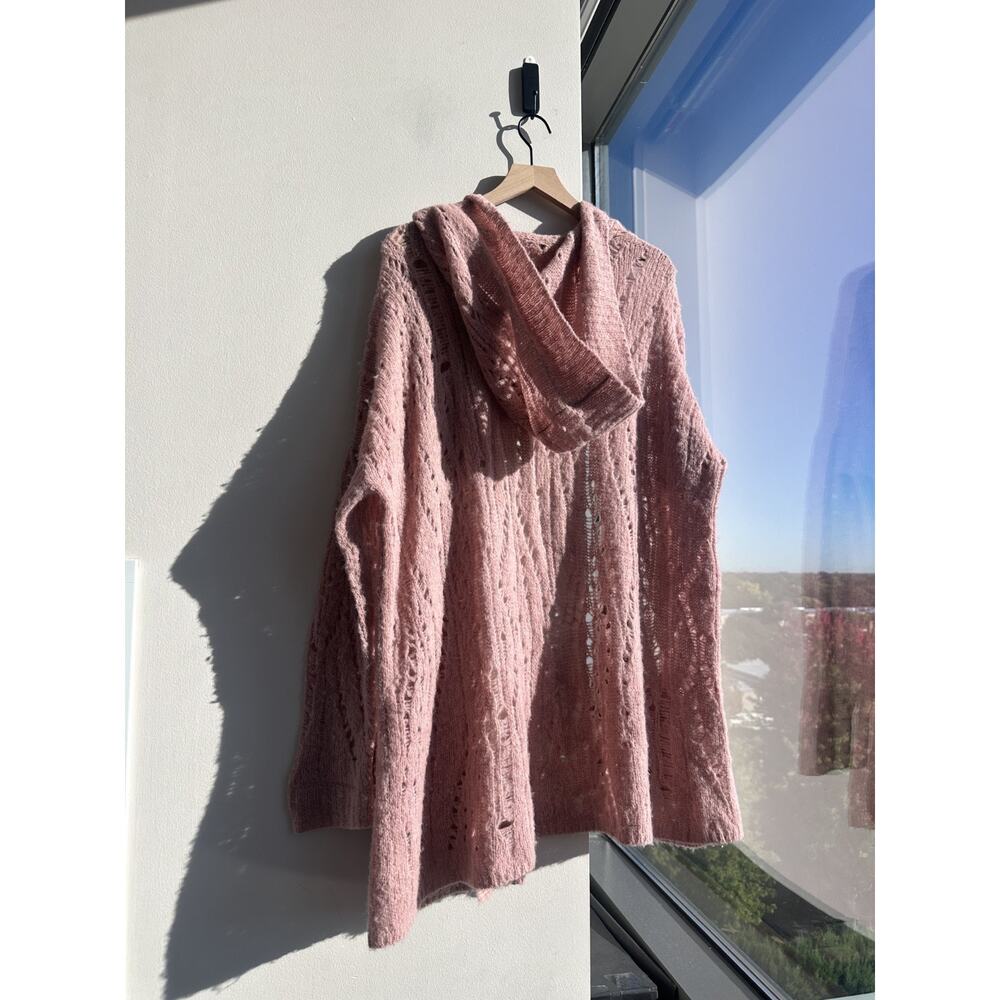 Free People Alpaca Blend Lemon Drop Hooded Pointelle-Knit Dusty Rose Cardigan XS - Picture 2 of 10